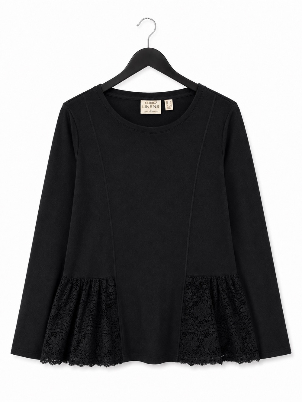 Lori Goldstein LINENS black lace hem long sleeve top